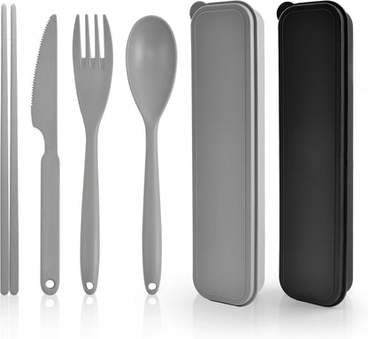 2 Sets Large Reusable Utensils Set with Case, Portable Cutlery Sets | Plastic, Blue and Green, Chopsticks Fork Spoon Knife Set with Lunch Box, For Camping Travel Daily Lunch Use Picnic Outdoor