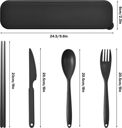 2 Sets Large Reusable Utensils Set with Case, Portable Cutlery Sets | Plastic, Blue and Green, Chopsticks Fork Spoon Knife Set with Lunch Box, For Camping Travel Daily Lunch Use Picnic Outdoor