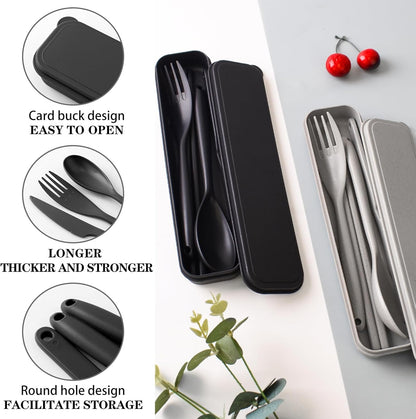 2 Sets Large Reusable Utensils Set with Case, Portable Cutlery Sets | Plastic, Blue and Green, Chopsticks Fork Spoon Knife Set with Lunch Box, For Camping Travel Daily Lunch Use Picnic Outdoor