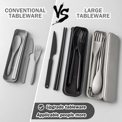 2 Sets Large Reusable Utensils Set with Case, Portable Cutlery Sets | Plastic, Blue and Green, Chopsticks Fork Spoon Knife Set with Lunch Box, For Camping Travel Daily Lunch Use Picnic Outdoor