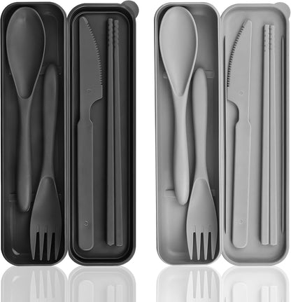 2 Sets Large Reusable Utensils Set with Case, Portable Cutlery Sets | Plastic, Blue and Green, Chopsticks Fork Spoon Knife Set with Lunch Box, For Camping Travel Daily Lunch Use Picnic Outdoor