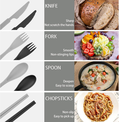 2 Sets Large Reusable Utensils Set with Case, Portable Cutlery Sets | Plastic, Blue and Green, Chopsticks Fork Spoon Knife Set with Lunch Box, For Camping Travel Daily Lunch Use Picnic Outdoor