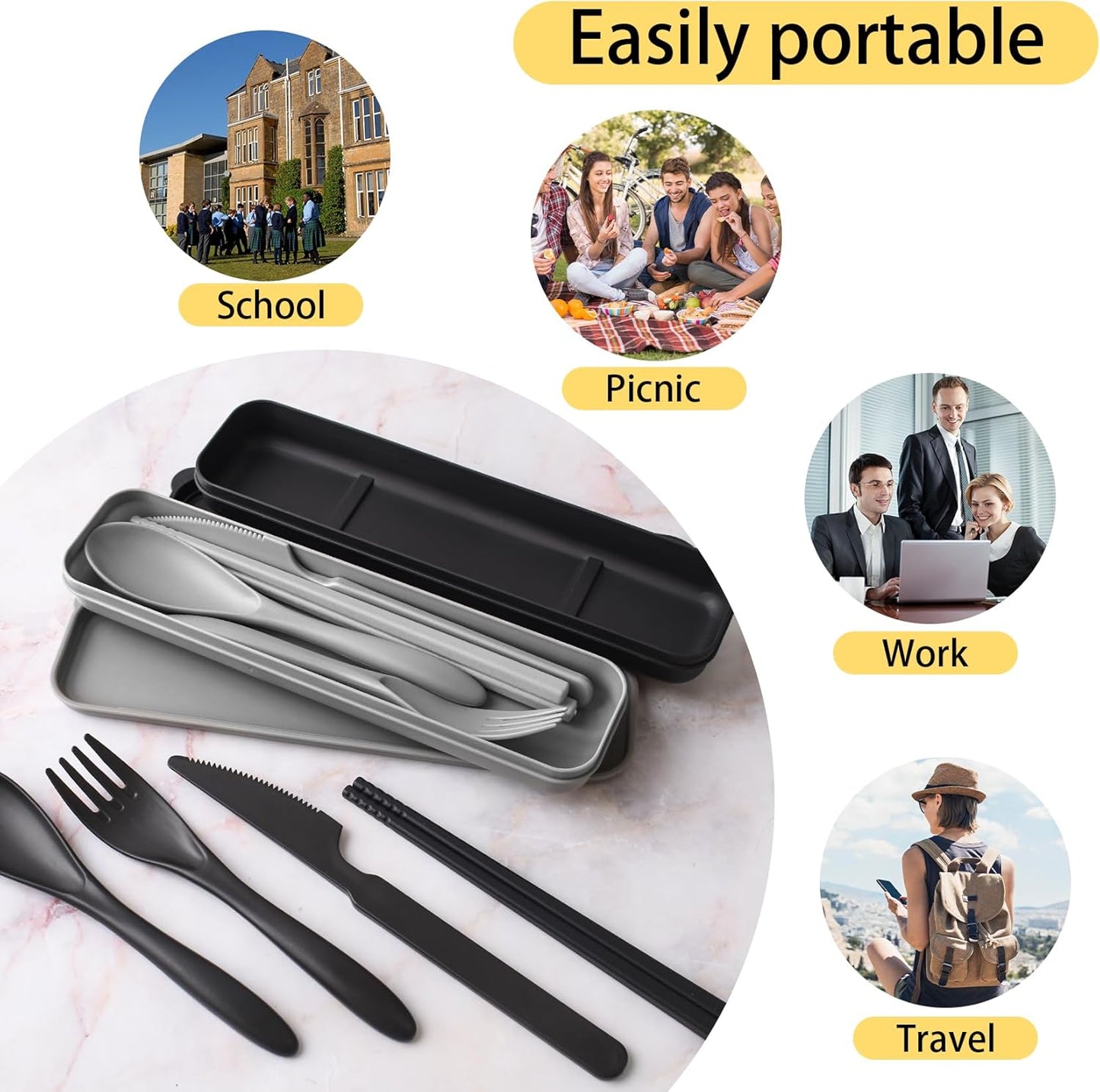 2 Sets Large Reusable Utensils Set with Case, Portable Cutlery Sets | Plastic, Blue and Green, Chopsticks Fork Spoon Knife Set with Lunch Box, For Camping Travel Daily Lunch Use Picnic Outdoor