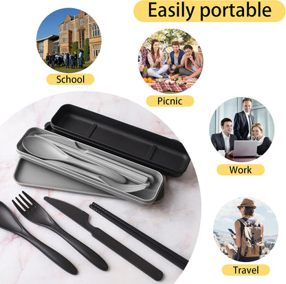 2 Sets Large Reusable Utensils Set with Case, Portable Cutlery Sets | Plastic, Blue and Green, Chopsticks Fork Spoon Knife Set with Lunch Box, For Camping Travel Daily Lunch Use Picnic Outdoor