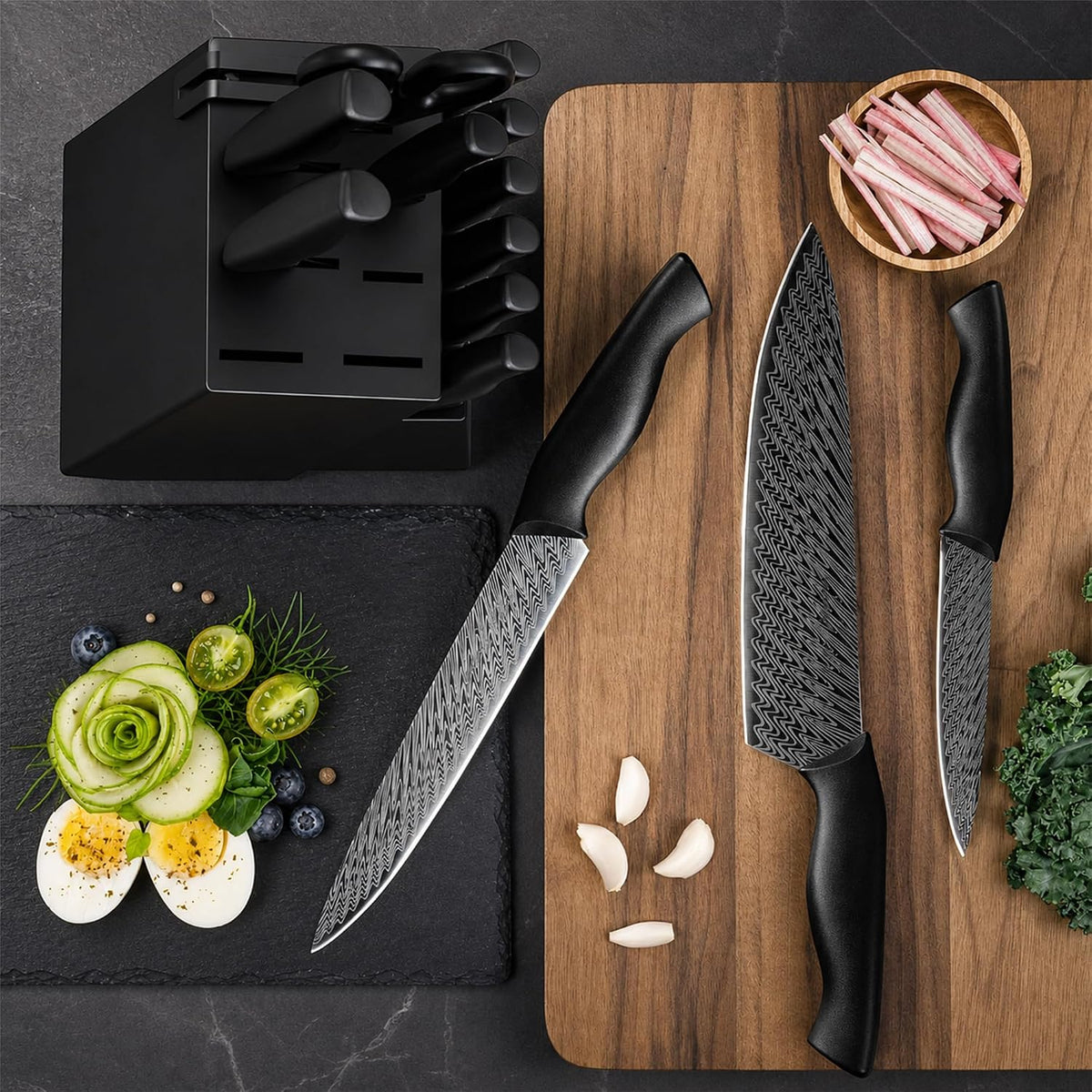 Knife Set, 15-Piece Kitchen Knife Set with Built-in Sharpener Block, German High-Carbon Stainless Steel, Dishwasher Safe, for Home Cooks and Everyday Meal Prep