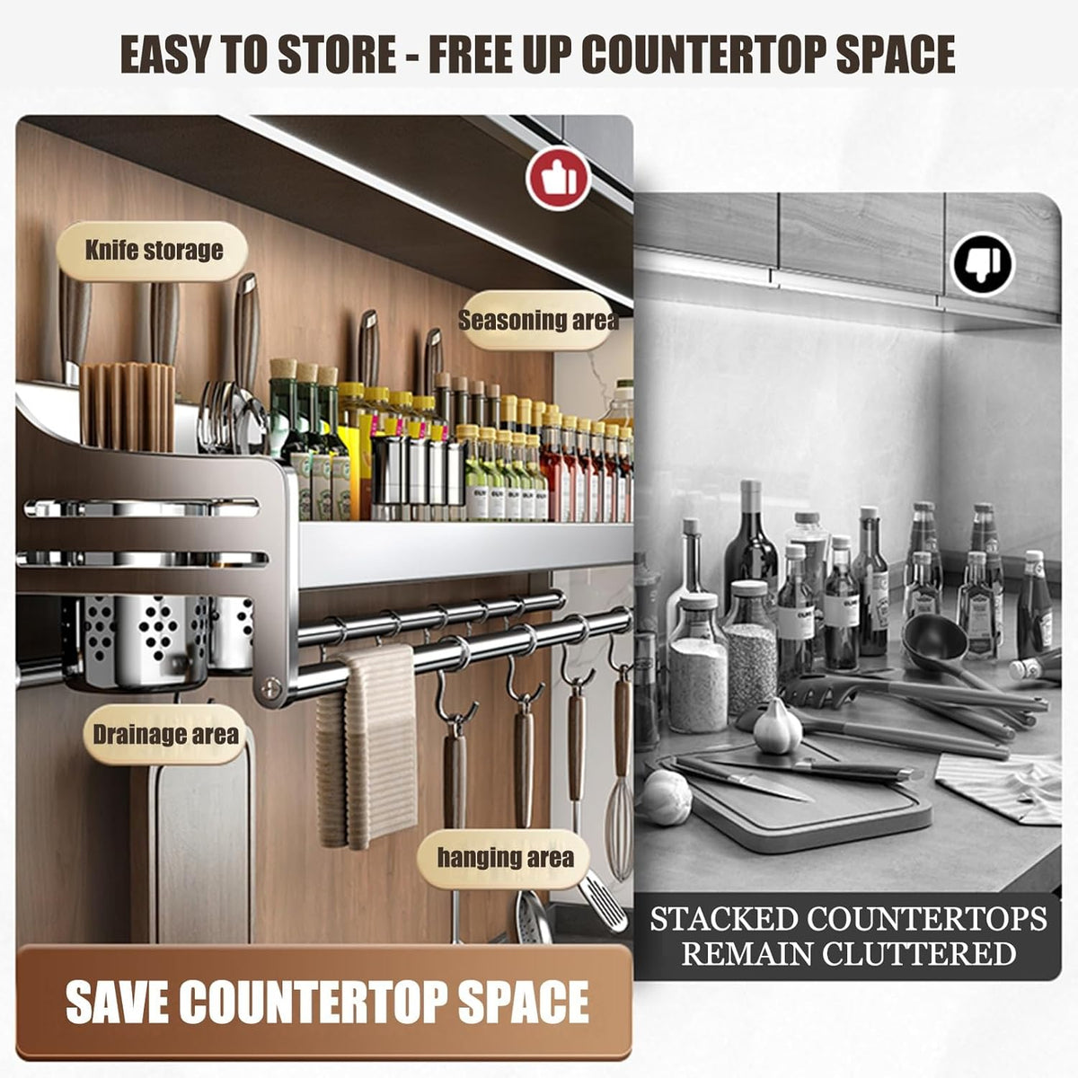 Stainless Steel Knife Holder & Spice Rack - Wall Mounted Kitchen Organizer with Spice Shelf for Efficient Utensil Storage & Easy Access, 304 Rust-Resistant Design