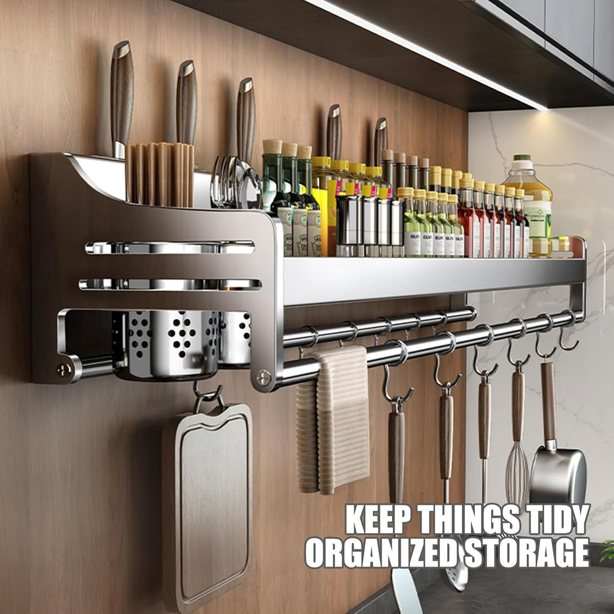 Stainless Steel Knife Holder & Spice Rack - Wall Mounted Kitchen Organizer with Spice Shelf for Efficient Utensil Storage & Easy Access, 304 Rust-Resistant Design