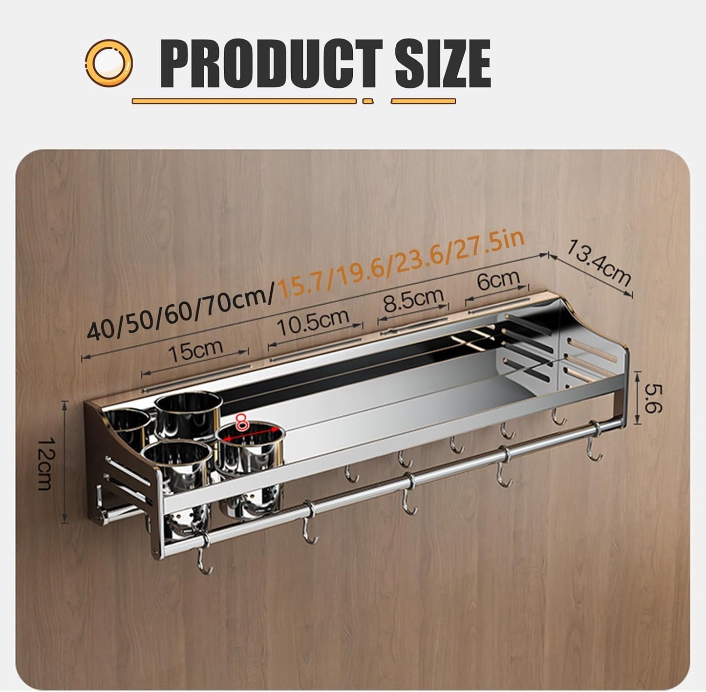 Stainless Steel Knife Holder & Spice Rack - Wall Mounted Kitchen Organizer with Spice Shelf for Efficient Utensil Storage & Easy Access, 304 Rust-Resistant Design