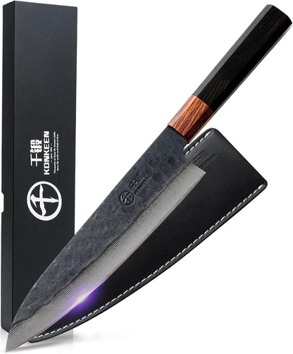 Japanese Chef Kitchen Knife, 8 Inch Black Gyuto, Hand Forged 67 Layers Damascus Steel VG10 Core, Ultra Sharp, Rosewood & Ebony Handle, Leather Sheath,A Thoughtful Father Day Gifts for Men
