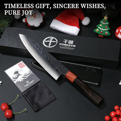 Japanese Chef Kitchen Knife, 8 Inch Black Gyuto, Hand Forged 67 Layers Damascus Steel VG10 Core, Ultra Sharp, Rosewood & Ebony Handle, Leather Sheath,A Thoughtful Father Day Gifts for Men