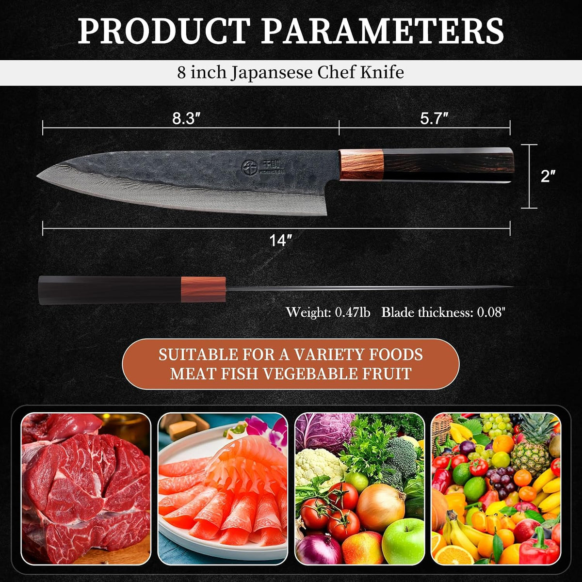 Japanese Chef Kitchen Knife, 8 Inch Black Gyuto, Hand Forged 67 Layers Damascus Steel VG10 Core, Ultra Sharp, Rosewood & Ebony Handle, Leather Sheath,A Thoughtful Father Day Gifts for Men