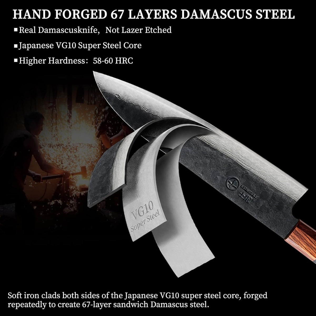 Japanese Chef Kitchen Knife, 8 Inch Black Gyuto, Hand Forged 67 Layers Damascus Steel VG10 Core, Ultra Sharp, Rosewood & Ebony Handle, Leather Sheath,A Thoughtful Father Day Gifts for Men