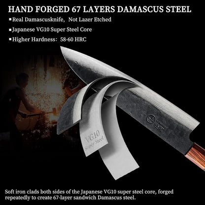 Japanese Chef Kitchen Knife, 8 Inch Black Gyuto, Hand Forged 67 Layers Damascus Steel VG10 Core, Ultra Sharp, Rosewood & Ebony Handle, Leather Sheath,A Thoughtful Father Day Gifts for Men