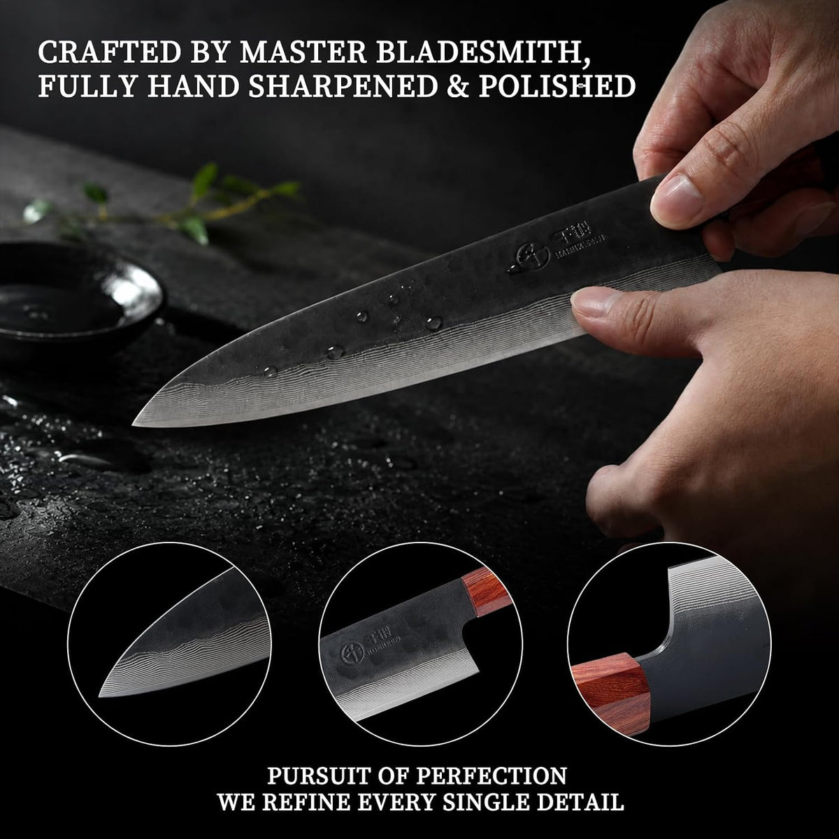 Japanese Chef Kitchen Knife, 8 Inch Black Gyuto, Hand Forged 67 Layers Damascus Steel VG10 Core, Ultra Sharp, Rosewood & Ebony Handle, Leather Sheath,A Thoughtful Father Day Gifts for Men