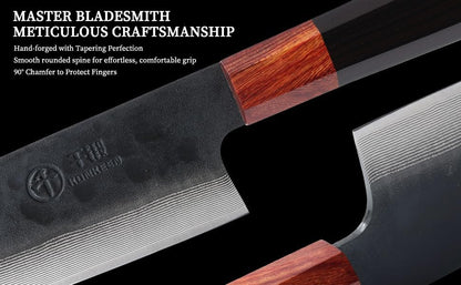 Japanese Chef Kitchen Knife, 8 Inch Black Gyuto, Hand Forged 67 Layers Damascus Steel VG10 Core, Ultra Sharp, Rosewood & Ebony Handle, Leather Sheath,A Thoughtful Father Day Gifts for Men