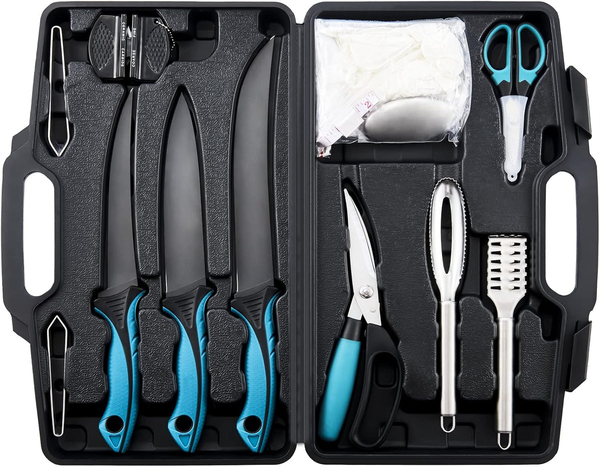 Fish Fillet Knife Set Curved Flex 7 inch 9 inch Filet Knife for Filleting and Boning, Non-Slip Handles, Includes Fishing Braid Line Scissors, Fish Dressing Scissors, Filleting Pad