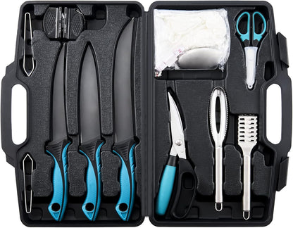 Fish Fillet Knife Set Curved Flex 7 inch 9 inch Filet Knife for Filleting and Boning, Non-Slip Handles, Includes Fishing Braid Line Scissors, Fish Dressing Scissors, Filleting Pad