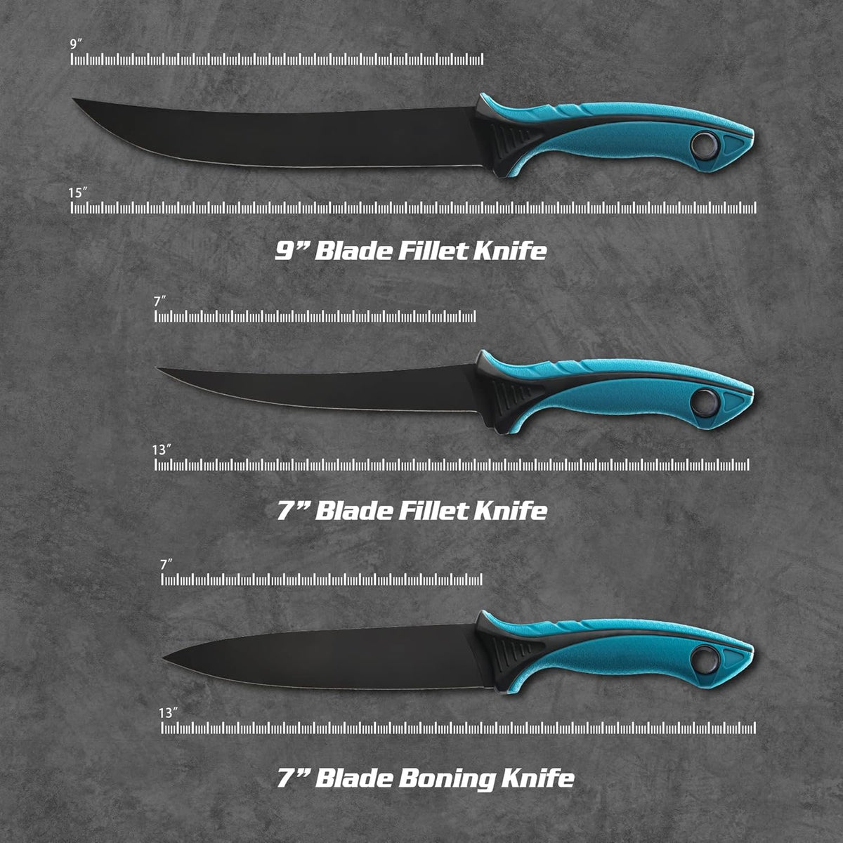 Fish Fillet Knife Set Curved Flex 7 inch 9 inch Filet Knife for Filleting and Boning, Non-Slip Handles, Includes Fishing Braid Line Scissors, Fish Dressing Scissors, Filleting Pad