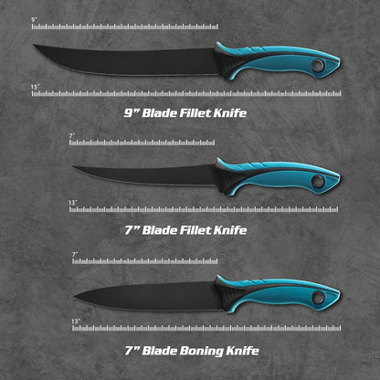 Fish Fillet Knife Set Curved Flex 7 inch 9 inch Filet Knife for Filleting and Boning, Non-Slip Handles, Includes Fishing Braid Line Scissors, Fish Dressing Scissors, Filleting Pad