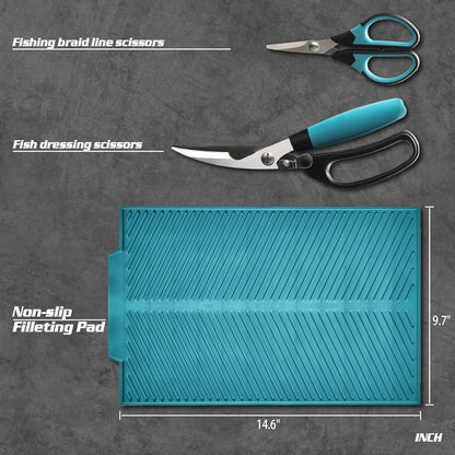Fish Fillet Knife Set Curved Flex 7 inch 9 inch Filet Knife for Filleting and Boning, Non-Slip Handles, Includes Fishing Braid Line Scissors, Fish Dressing Scissors, Filleting Pad