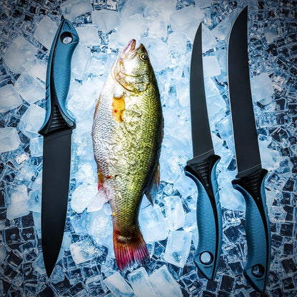 Fish Fillet Knife Set Curved Flex 7 inch 9 inch Filet Knife for Filleting and Boning, Non-Slip Handles, Includes Fishing Braid Line Scissors, Fish Dressing Scissors, Filleting Pad