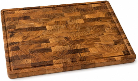 Teak End Grain Cutting Board [17 x 12 x 1.2 Inch], Large Butcher Block with Handles & Non-Slip Feet, Thick Wooden Chopping Board