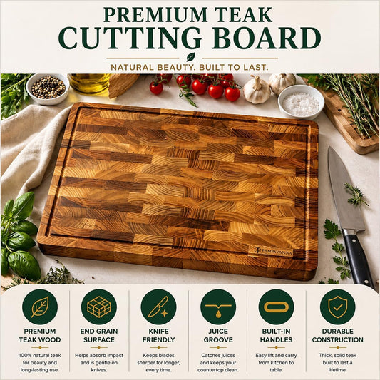 Teak End Grain Cutting Board [17 x 12 x 1.2 Inch], Large Butcher Block with Handles & Non-Slip Feet, Thick Wooden Chopping Board