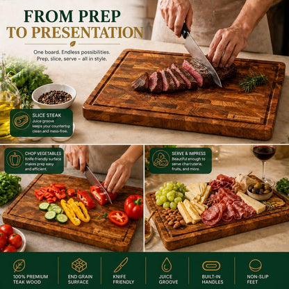 Teak End Grain Cutting Board [17 x 12 x 1.2 Inch], Large Butcher Block with Handles & Non-Slip Feet, Thick Wooden Chopping Board