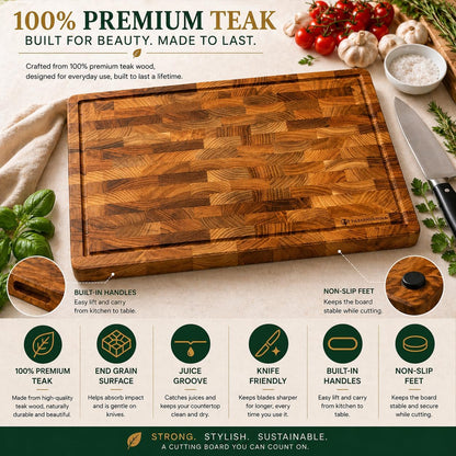 Teak End Grain Cutting Board [17 x 12 x 1.2 Inch], Large Butcher Block with Handles & Non-Slip Feet, Thick Wooden Chopping Board