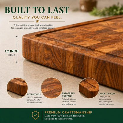 Teak End Grain Cutting Board [17 x 12 x 1.2 Inch], Large Butcher Block with Handles & Non-Slip Feet, Thick Wooden Chopping Board
