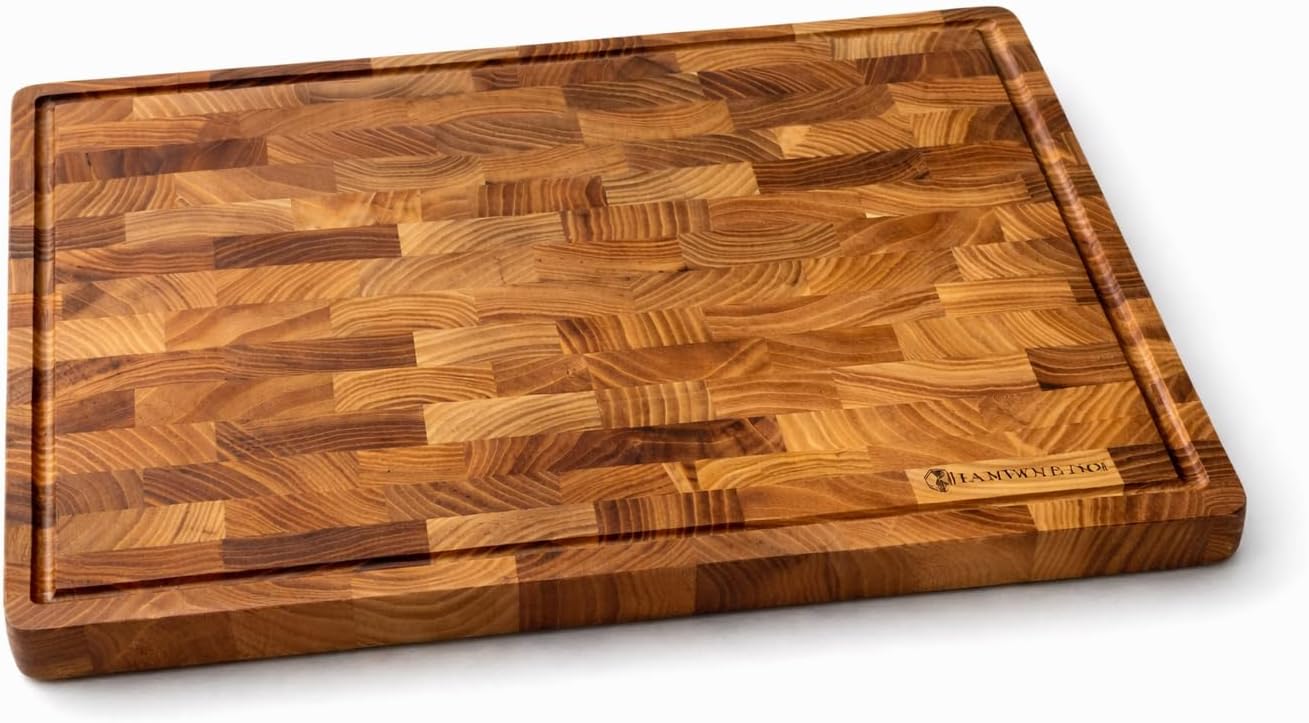 Teak End Grain Cutting Board [17 x 12 x 1.2 Inch], Large Butcher Block with Handles & Non-Slip Feet, Thick Wooden Chopping Board