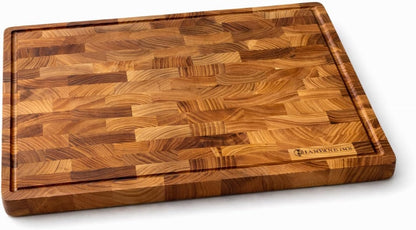 Teak End Grain Cutting Board [17 x 12 x 1.2 Inch], Large Butcher Block with Handles & Non-Slip Feet, Thick Wooden Chopping Board