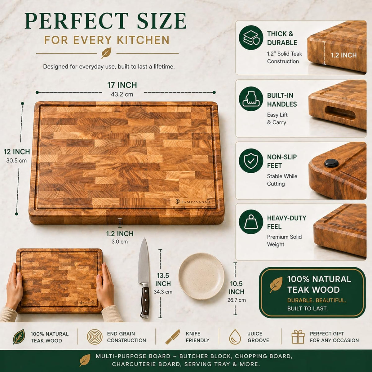 Teak End Grain Cutting Board [17 x 12 x 1.2 Inch], Large Butcher Block with Handles & Non-Slip Feet, Thick Wooden Chopping Board