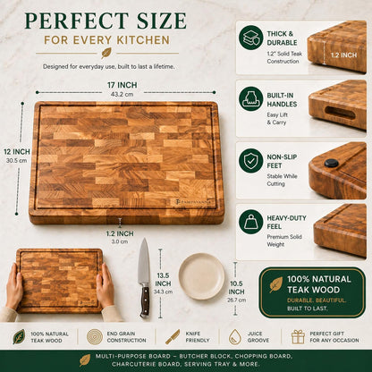 Teak End Grain Cutting Board [17 x 12 x 1.2 Inch], Large Butcher Block with Handles & Non-Slip Feet, Thick Wooden Chopping Board