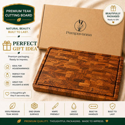 Teak End Grain Cutting Board [17 x 12 x 1.2 Inch], Large Butcher Block with Handles & Non-Slip Feet, Thick Wooden Chopping Board