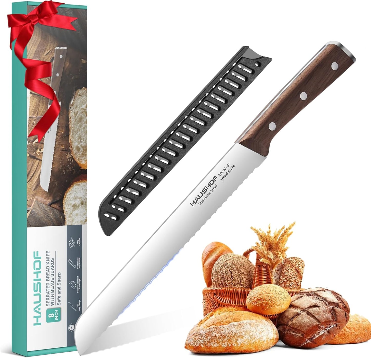 Bread Knife with Sheath, 8-Inch Serrated Bread Knife for Homemade Bread, 5Cr15Mov Premium Stainless Steel Bread Cutter with Gift Box for Mom Dad, Full Tang and Ergonomic Handle