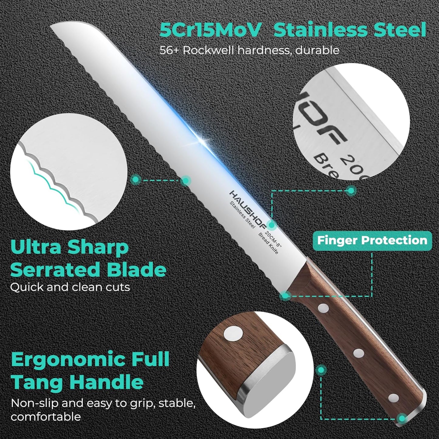 Bread Knife with Sheath, 8-Inch Serrated Bread Knife for Homemade Bread, 5Cr15Mov Premium Stainless Steel Bread Cutter with Gift Box for Mom Dad, Full Tang and Ergonomic Handle