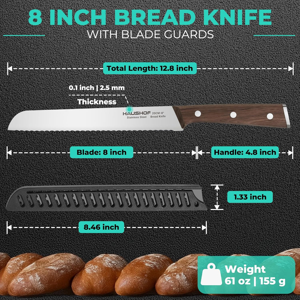 Bread Knife with Sheath, 8-Inch Serrated Bread Knife for Homemade Bread, 5Cr15Mov Premium Stainless Steel Bread Cutter with Gift Box for Mom Dad, Full Tang and Ergonomic Handle
