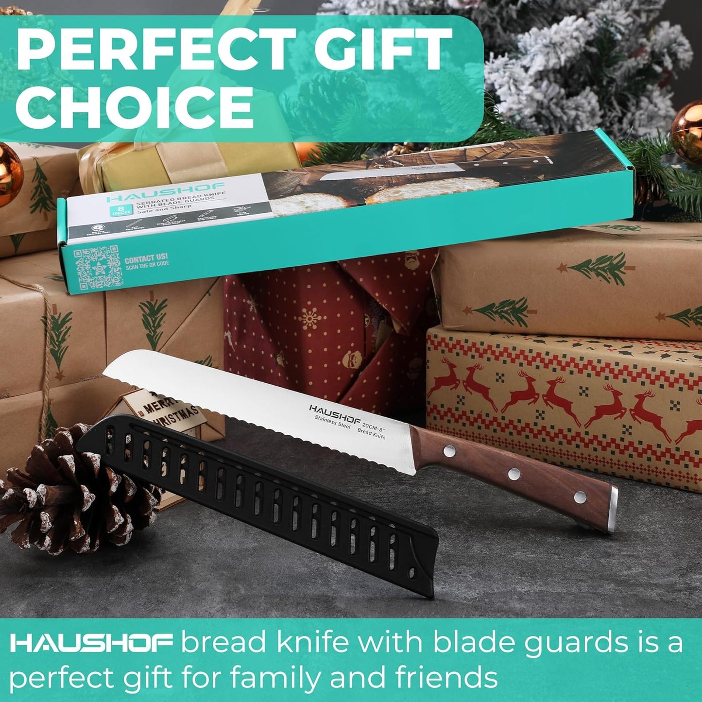Bread Knife with Sheath, 8-Inch Serrated Bread Knife for Homemade Bread, 5Cr15Mov Premium Stainless Steel Bread Cutter with Gift Box for Mom Dad, Full Tang and Ergonomic Handle