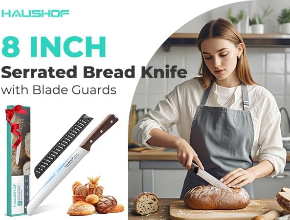 Bread Knife with Sheath, 8-Inch Serrated Bread Knife for Homemade Bread, 5Cr15Mov Premium Stainless Steel Bread Cutter with Gift Box for Mom Dad, Full Tang and Ergonomic Handle
