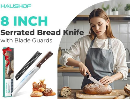 Bread Knife with Sheath, 8-Inch Serrated Bread Knife for Homemade Bread, 5Cr15Mov Premium Stainless Steel Bread Cutter with Gift Box for Mom Dad, Full Tang and Ergonomic Handle