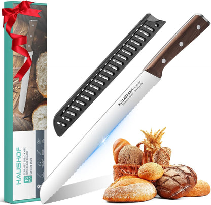 Bread Knife with Sheath, 8-Inch Serrated Bread Knife for Homemade Bread, 5Cr15Mov Premium Stainless Steel Bread Cutter with Gift Box for Mom Dad, Full Tang and Ergonomic Handle