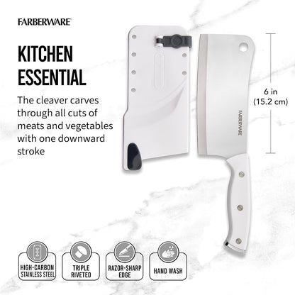 6 Inch Cleaver with EdgeKeeper Self-Sharpening Sheath, High-Carbon Stainless Steel Blade, Triple Rivet White Handle - Meat Cleaver Knife for Chopping, Dicing, and Mincing
