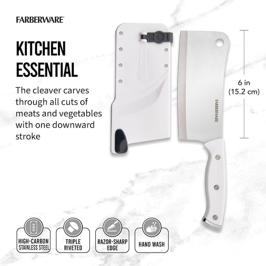 6 Inch Cleaver with EdgeKeeper Self-Sharpening Sheath, High-Carbon Stainless Steel Blade, Triple Rivet White Handle - Meat Cleaver Knife for Chopping, Dicing, and Mincing