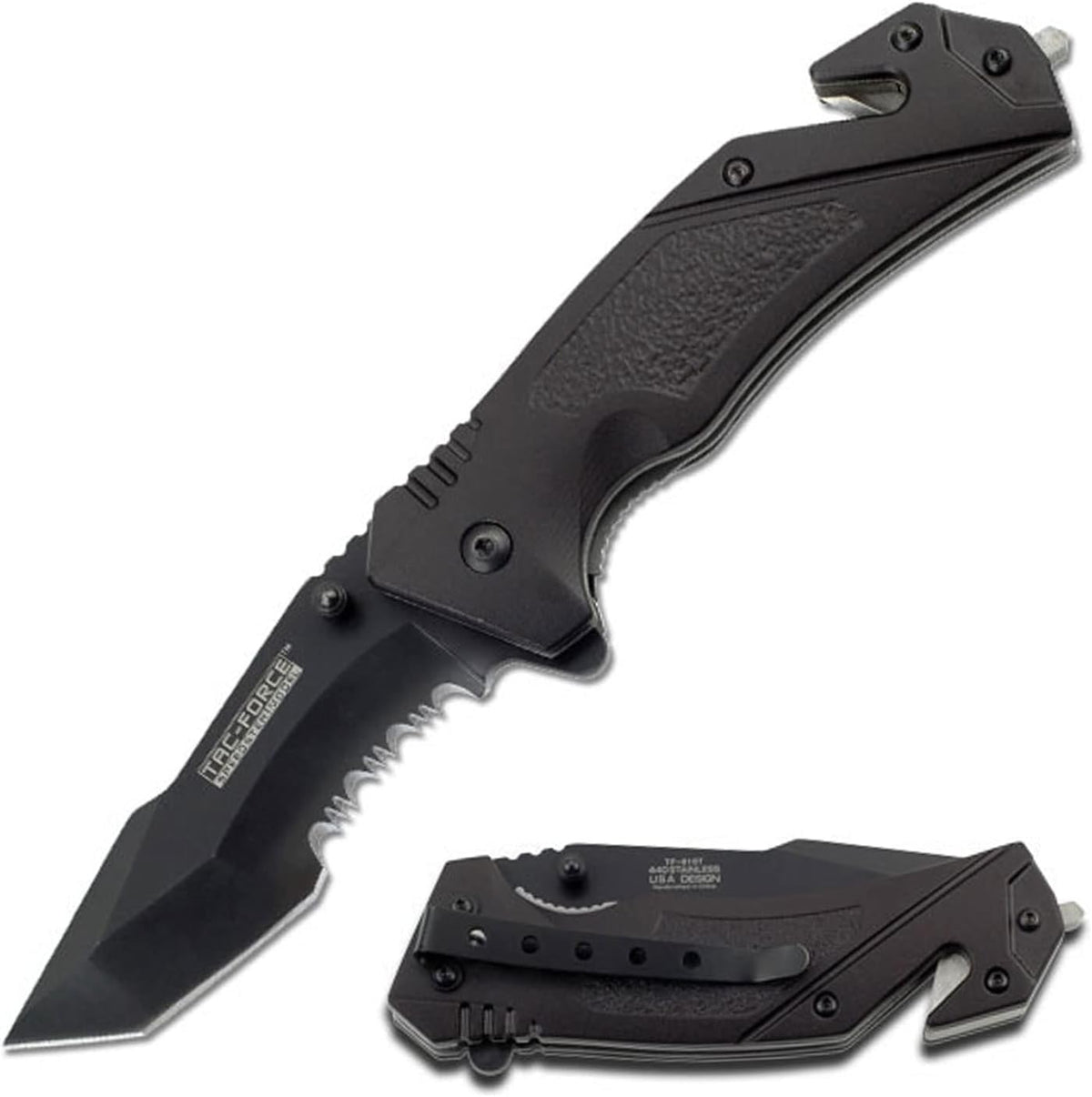 Folding Pocket Knife – Black Partially Serrated Stainless Steel Tanto Blade, Black Aluminum Handle with Rope Cutter, Glass Punch, Tactical, EDC, Rescue - TF-810T