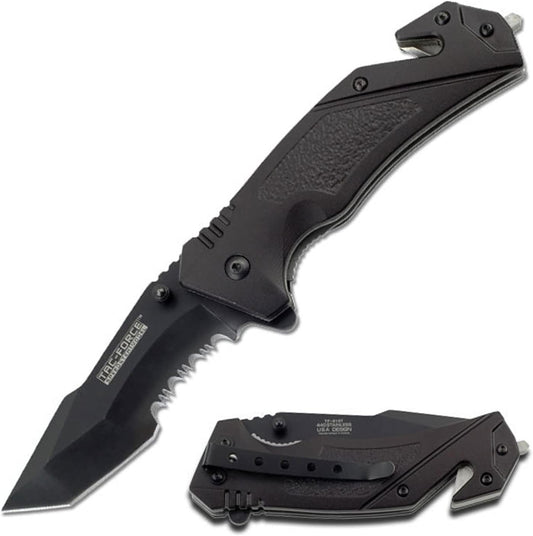 Folding Pocket Knife – Black Partially Serrated Stainless Steel Tanto Blade, Black Aluminum Handle with Rope Cutter, Glass Punch, Tactical, EDC, Rescue - TF-810T