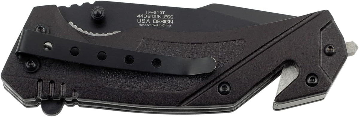 Folding Pocket Knife – Black Partially Serrated Stainless Steel Tanto Blade, Black Aluminum Handle with Rope Cutter, Glass Punch, Tactical, EDC, Rescue - TF-810T