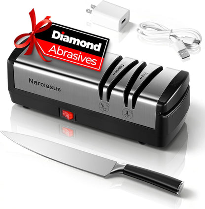 Knife Sharpener, Protable Diamond Electric Knife Sharpener for Stainless Steel and Ceramic Knives, with Scissors Sharpener & Metal Dust Collection Box, Quick Sharpening & Polishing, Silver