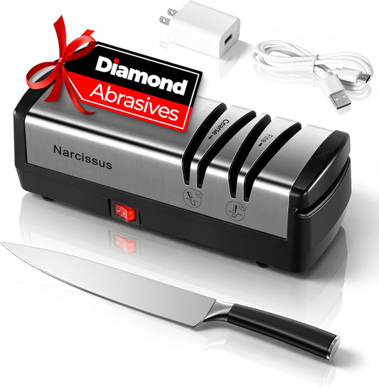 Knife Sharpener, Protable Diamond Electric Knife Sharpener for Stainless Steel and Ceramic Knives, with Scissors Sharpener & Metal Dust Collection Box, Quick Sharpening & Polishing, Silver