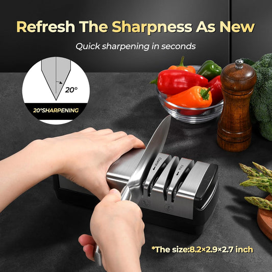 Knife Sharpener, Protable Diamond Electric Knife Sharpener for Stainless Steel and Ceramic Knives, with Scissors Sharpener & Metal Dust Collection Box, Quick Sharpening & Polishing, Silver